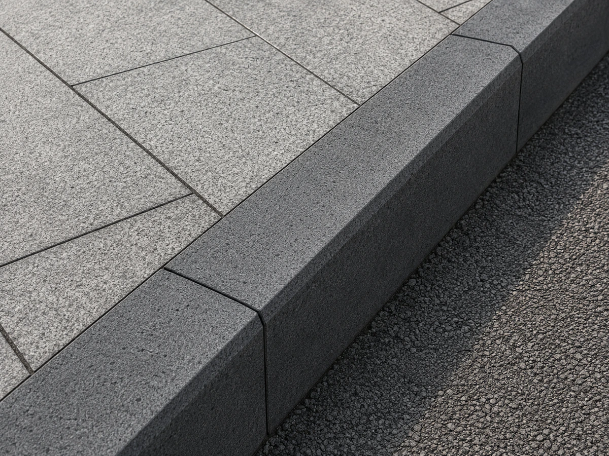 Precision-finished stone curb and paving