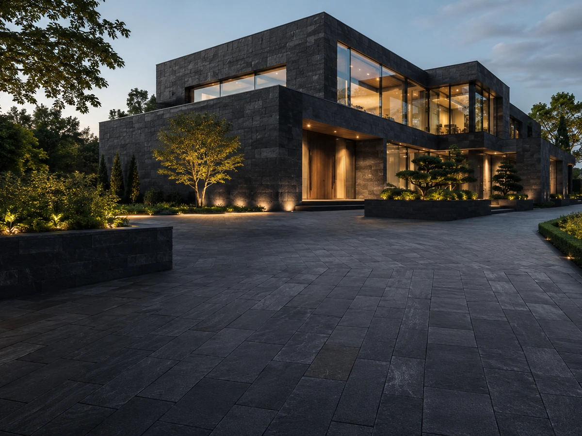 Residential façade with textured dark stone