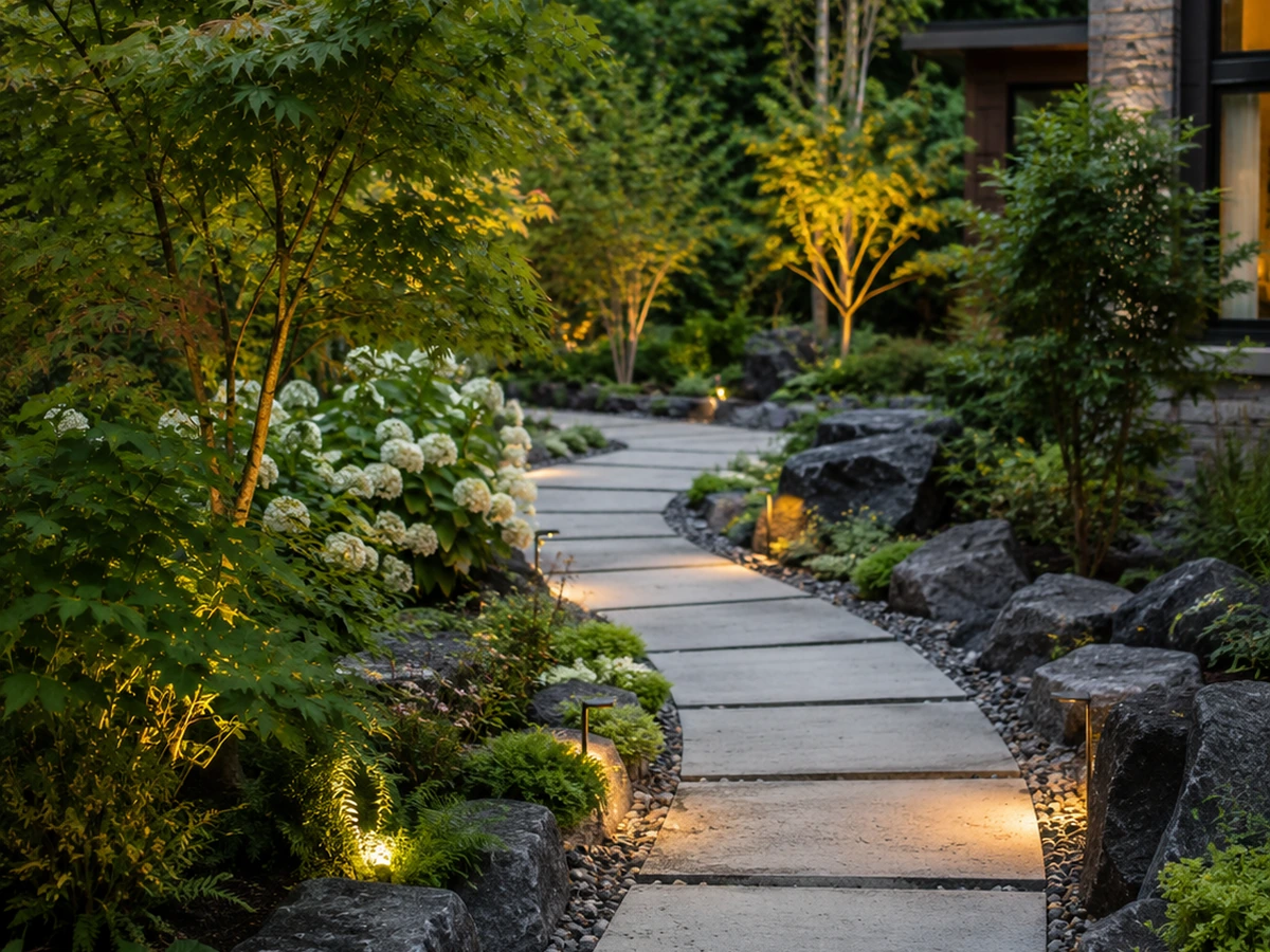 Stone edging along a landscaped garden path